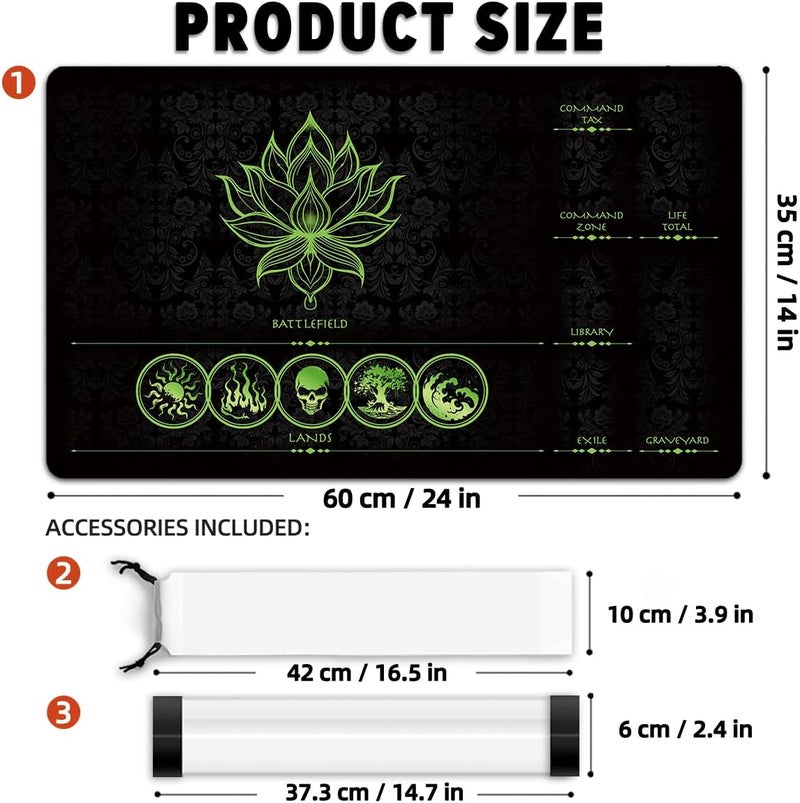 FROGIGO MTG Playmat with Play Zones – Magic Play mat Card Game Mat for Magic The Gathering, Lotus & Basic Lands Design, 24x14 inch, Stitched Edge, Non-Slip Base with Prismatic Playmat Tube-Green Zone - Image 2